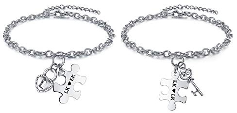 Zysta Bracciali Puzzle Abbinate con Ciondolo Chiavi Serratura per Coppia BFF Bracciali Amicizia Personalizzate Nomi Iniziali Incisione Braccialetti a Catena Regolabile in Acciaio per Mamma e Figlia