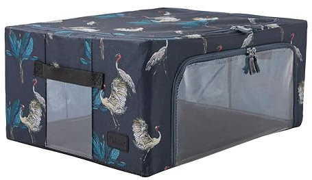 Periea ‘Beau’ Folding Collapsible Stackable Fabric Home Storage Boxes with Steel Frames (Heron Print, Medium)