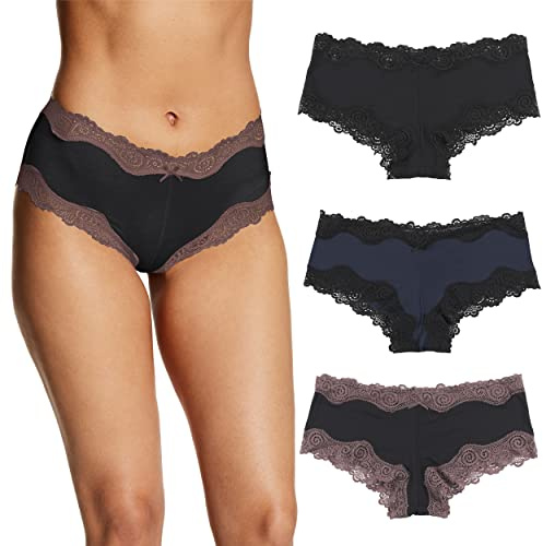 Maidenform Set di Biancheria Intima Hipster a Vita Bassa, vestibilità sfacciata, in Pizzo Ondulato, Confezione da 3 Slip a Culotte, Nero/Blu Navy, Nero/Nero Rum Rosetta, XXL (Pacco da 3) Donna