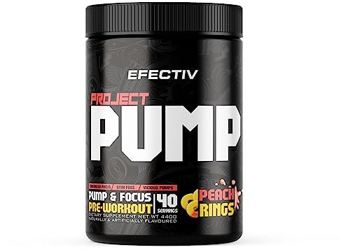 Efectiv Project Pump Pre Workout Powder - Stimulant Free Pre Workout with Citrulline, Nitrosigine, Rednite for Vicious Pumps & Enhanced Focus - Vegan, 40 Servings, Made in UK, Peach Rings Flavour