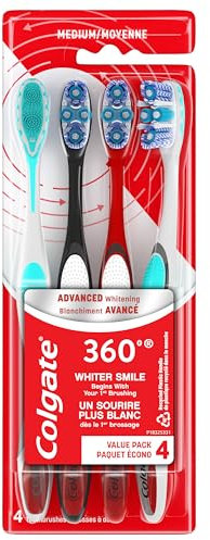 Colgate 360 Advanced Whitening Medium Toothbrush Pack, 4 Adult Medium Toothbrushes with Cheek and Tongue Cleaner, Helps Clean Your Teeth, Tongue, Cheeks, and Gums, 4 Pack