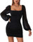Womens Long Lantern Sleeve Dresses Square Neck Sexy Ruched Net Yarn Puff Sleeve Bodycon Short dresses Fit and Flare Dinner Dress for Casual Daily Birthday Dating Dance Performance Party Wedding HM
