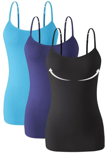 Knuffnee 3 Pack Womens Camisole with Built in Bra Adjustable Strap Tank Tops for Women Cotton Undershirt Cami Blue/Dark Blue/Black XL