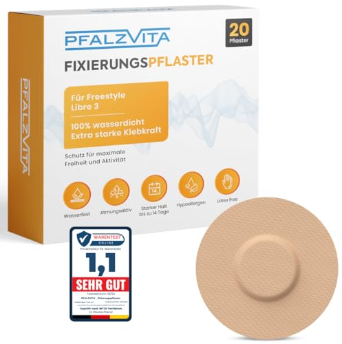 PFALZVITA® Freestyle Libre 3 Pflaster - 20x Premium 100% Wasserdicht Fixierpflastern für Freestyle Libre 3 Sensor - Hautfreundlich selbstklebend Extra Halt 14 Tage ohne Kleber in der Mitte(Beige)