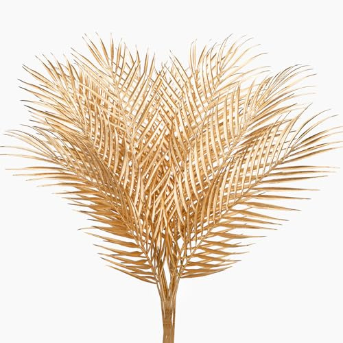 29” Large Gold Palm Leaves Palm Fronds Tropical Leaves Areca Palm Branches Artificial Palm Leaves with Stem Golden Palm Tree Leaves Faux Palm Leaves for Floral Arrangement Fake Gold Leaves 12Pcs