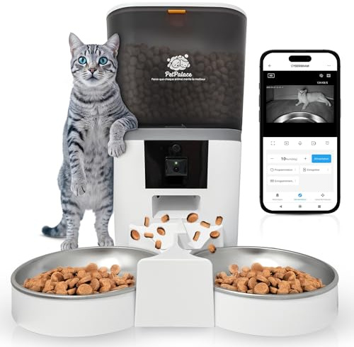 Distributeur croquettes Chat Automatique Double gamelle avec caméra – Nourriture équitable pour 2 Chats ou Plus – Surveillance à Distance – Sérénité pour Vous, Confort pour eux
