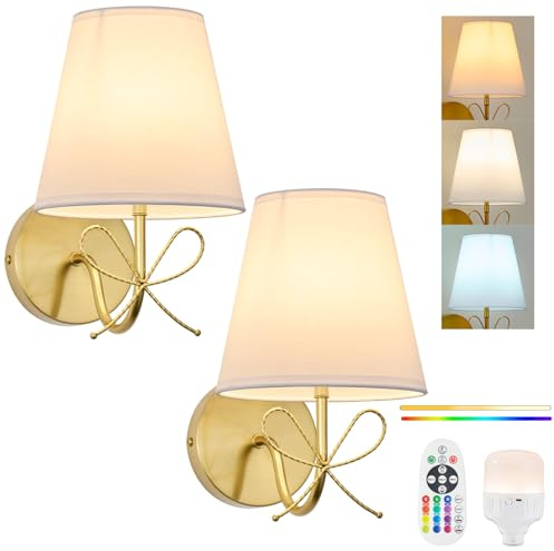 PASSICA DECOR Bow Wireless Battery Operated Wall Sconce Set of 2, Rechargeable Dimmable LED Lights with 15 Colors, Timer, Remote Control,Bow Lamp for Girls Rooms,Bedroom Living Room