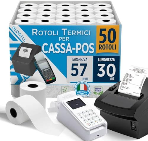 Glowell Rotoli POS 57x30 m di Lunghezza in Carta Termica con foro da 12 mm - Stampa Scontrini alta qualità, Rotoli Cassa per Stampante Termica Scontrini Bancomat, Carta Pos Made in Italy (50pz)