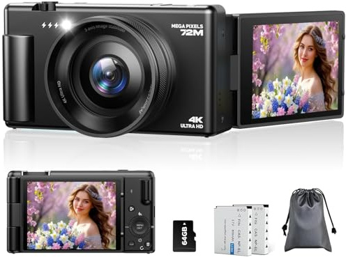 4K Digital Camera, Vlogging Camera for YouTube 72MP Autofocus with 18X Digital Zoom, 2.8 270°Flip Screen Compact Travel Cameras for Teens Beginners Photography with 64GB Card & 2 Batteries