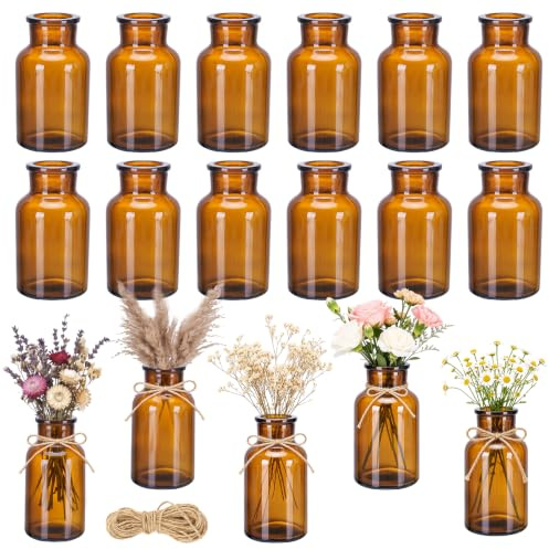 Juego de 12 Mini Jarrones de Cristal Ámbar, Jarrones Vintage Pequeños para Decoración de Mesa, Floreros Boho para Boda, Salón, Fiesta y Decoración Rústica