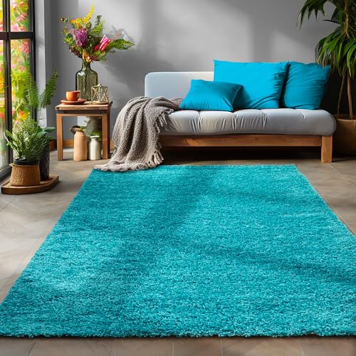 Flauschiger Teppich Wohnzimmer Schlafzimmer Läufer Flur Esszimmer Küchenteppich Hochflor Einfarbig Modernes Design 30 mm Florhöhe Kuschelweich, Türkis, 160 x 230 cm