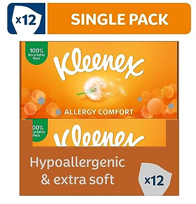 Kleenex® Allergy Comfort Tissues - Pack of 12 Tissue Boxes- Hayfever Allergy Comfort Tissues - Extremely Gentle, Perfect for Hay Fever Symptoms
