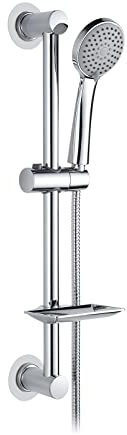 Ibergrif, M20903-1 Conjunto Regulable, Instalación sin Clavos, Barra Ducha con Jabonera, Manguera, Alcachofa, Soporte, Plata