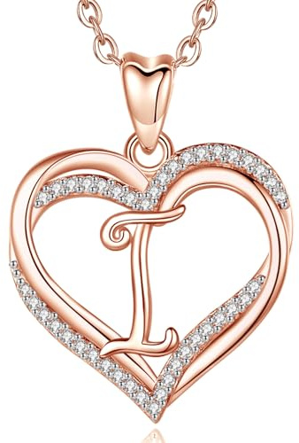INFUSEU Collar de Doble Corazón, Alfabeto Inicial de Oro Rosa Letra I Colgante de 20 Pulgadas de la Cadena A-Z Joyería Larga de Las Mujeres Damas Regalos de Cumpleaños