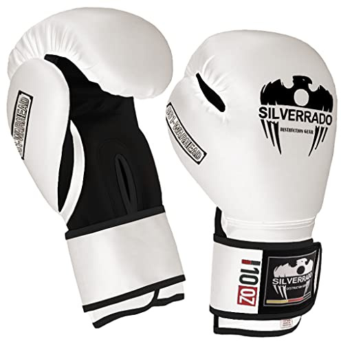 SILVER RADO® Gants de Boxe pour entraînement Professionnel des Arts Martiaux Muay Thai Kickboxing MMA Sparring Frapper Cuir Boxsport Hommes Femmes 8 10 12 14 16 oz (Blanc/Noir, 16 oz)
