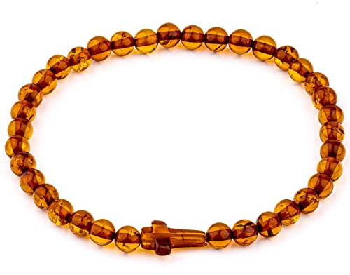 Amber Culture Amber Cross Bracelet - Handmade 5mm Beads 100% Baltic Natural Baltic Amber Stone - Stretch Unisex with Gift Box Cognac Color
