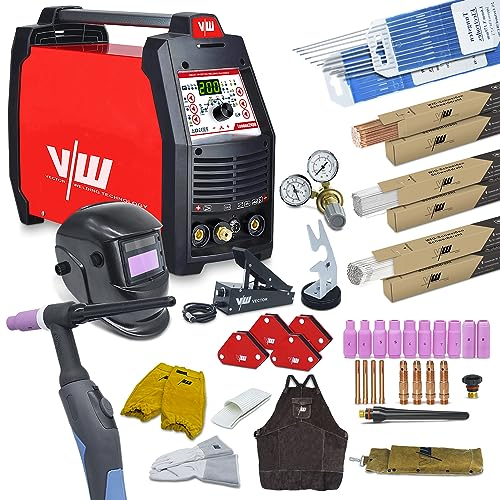 TIG - Soldadora AC DC 200 A – Set de 64 piezas – Función de soldadura de electrodos – Soldadura de aluminio – avance de gas y descenso – Almacenamiento de trabajo – London 2400 – VECTOR WELDING