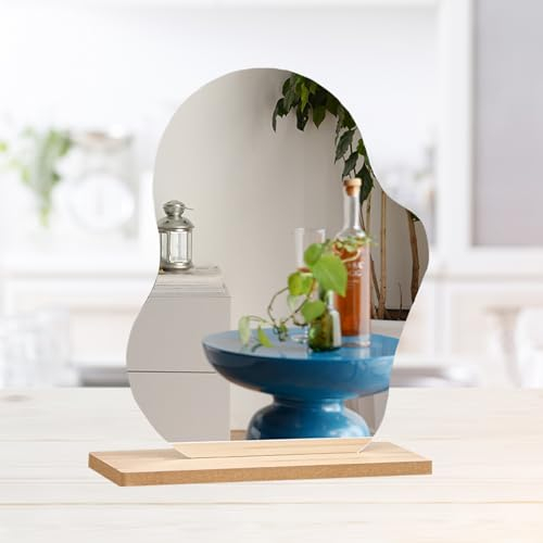 ChAusa Acrilico Specchio Irregolare 24x19cm Vanity Mirror, Specchio da Scrivania con Base in Legno per Camera da Letto e Aesthetic Room Decor