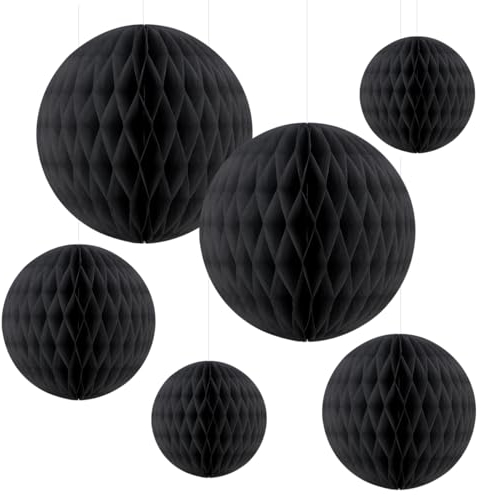 Paper Honeycomb Balls Party Decorations Colorful Paper Pompom Honeycomb 8inch/ 10 inch /12 inch for Home Decoration,Birthday Parties, Weddings, Bridal, Baby Showers (Black-(12+10+8) inch, 6)