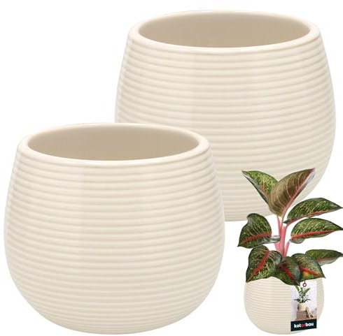 KOTARBAU® Blumentopf Cremefarbe Keramik Rund ⌀ 12 cm Höhe 14 cm Glasiert 2 St. Groß Übertopf Pflanztopf Pflanzkübel