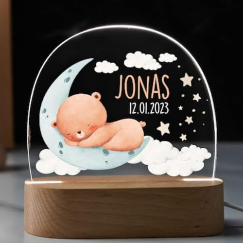 Lámpara Infantil Personalizada con Nombre para Bebés Recién Nacidos, Regalos Originales para Navidad, Cumpleaños, Luz Nocturna Infantil de Metacrilato Base de Madera, Regalos Personalizado 0-3 Años