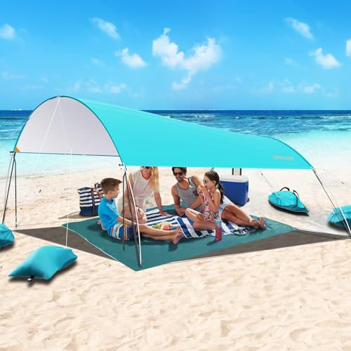 MYMULIKE Tenda da Spiaggia 3,2x3,2m Grande Tenda con Protezione UV UPF50+, Zona D'ombra Regolabile, Tenda da 4 a 7 Persone per Spiaggia e Campeggio