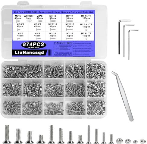 Juego de 874 tornillos M2 M2.5 M3, hexágono interior, juego de tuercas, tornillos de cabeza avellanada, juego de tornillos de cabeza plana, juego de tornillos de máquina