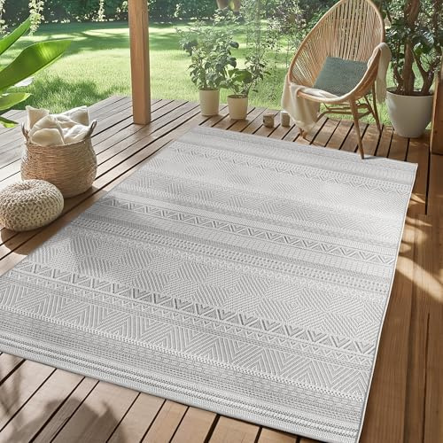 SIMPEX Outdoor Teppich Wetterfest Grau 120x170 cm, UV-beständig, ideal für Küche, Balkon, Terrasse, Garten Wohnzimmer Esszimmer, Skandinavisches Boho-Design, Pfelgeleicht