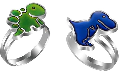 BelleVive Set de 2 bagues d'humeur dinosaurien, Changement de Couleur, ressenti émotionnel, température, Bague de Doigt, Ajustable, Animal, Bijou Amusant, bagues de fête, Cadeau d'anniversaire