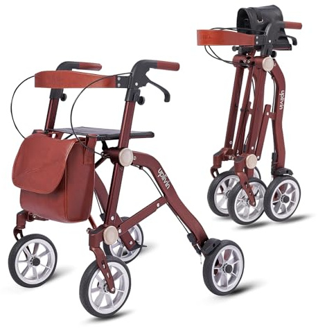 Uplivin Trive Rollator with Seat - 1 Step Dual Folding || 4 Wheel Rollator with Seat || Lightweight 6.5kg || Aluminium Mobility Walker || Oxidised Surface Finish for Metallic Look (Wine Red)