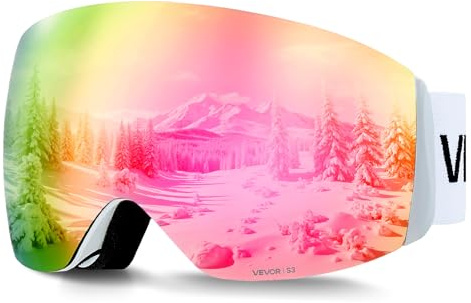 VEVOR Masque de Ski Revêtement Revo Rose Masque de Snowboard OTG, avec Verres Sphériques, Double Ventilation Anti-buée, Mousse Triple Couche, Lunettes Motoneige pour Garçons, Filles, Hommes, Femmes
