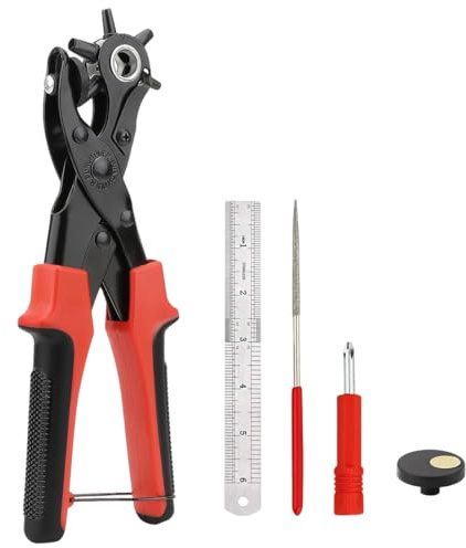 Alicates para agujeros de cinturón, perforador de cinturón de cuero, cabezal giratorio con 6 agujeros intercambiables para cinturones de cuero y papel