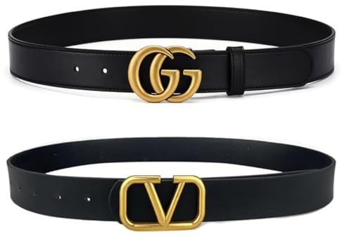 AEIXYA 2 Piezas Cinturones De Mujer De Pu, Ajustables, Cinturones Clásicos De Cuero, Con Hebilla Dorado Para Vaqueros, Pantalones Y Vestidos (Gg, V, 105 Cm，Negro)