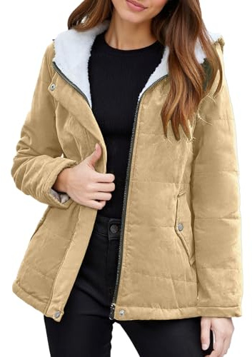 Generisch Abrigo corto acolchado de invierno para mujer, con forro polar, chaqueta gruesa y cálida, abrigo informal para temporada fría, caqui, 3XL