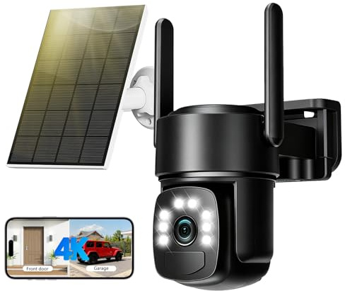 8MP Telecamera Wi-Fi Esterno Senza Fili con Pannello Solare,4K Doppio Obiettivo Videocamera Sorveglianza WiFi,Visione Notturna a Colori,Rilevamento Umano PIR,Audio Bidirezionale,IP66