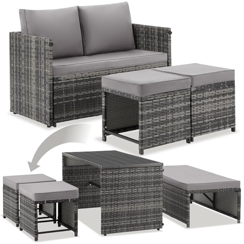 tectake® Conjunto Jardin Exterior 2 en 1, Muebles Jardin Exterior, Mesa y Sillas Terraza, Sofa con Cojines Impermeables y Lavables, 4 Personas, Sofas, Silla, Mesa Terraza, Mueble - Gris