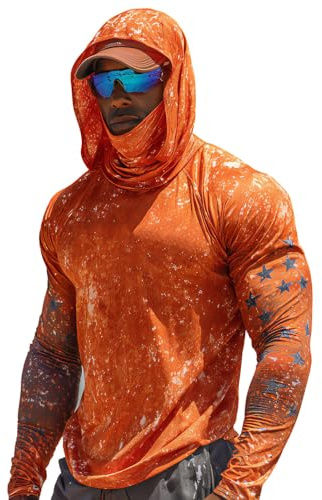 UPF 50 Men's Hoodies Uv Protection Sun Shirt Long Sleeve Muscle Fit Hooded Shirts with Face Mask Quick Dry Breathable Casual Summer Vented Outdoor Swim Summer Tops Ginger XL