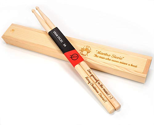 Personalised Drum Sticks + Optional Gift Box - 5A Size | Custom Engraved Drumsticks with Text | Design A Unique Present