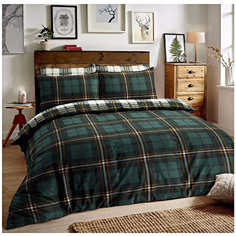 Juego de funda de edredón de franela con funda de almohada estampada, ropa de cama suave y cálida (verde tartán, juego de funda de edredón individual)