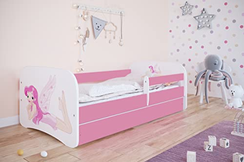 Bjird Kinderbett Jugendbett 70x140 80x160 80x180 Rosa mit Rausfallschutz Schublade und Lattenrost Kinderbetten für Mädchen - Fee mit Flügeln 140 cm