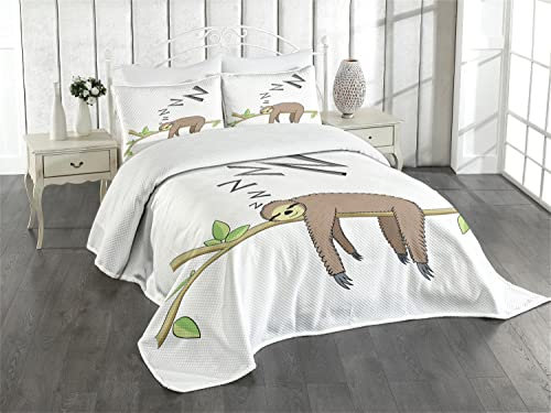 ABAKUHAUS Faultier Tagesdecke Set, Arboreal Säugetier Schlafen, Set mit Kissenbezug Feste Farben, für Einzelbetten 170 x 220 cm, Grau-grün-braun