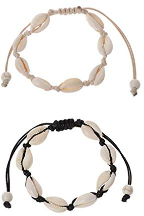 Yolistar 2 Pack Muschelarmband, Handgemachte Stricken Frauen Armband aus natürlicher Kobaltschale, verstellbare Armbänder im Hawaiian Beach-Stil (1 schwarze Schnur, 1 weiße Schnur)