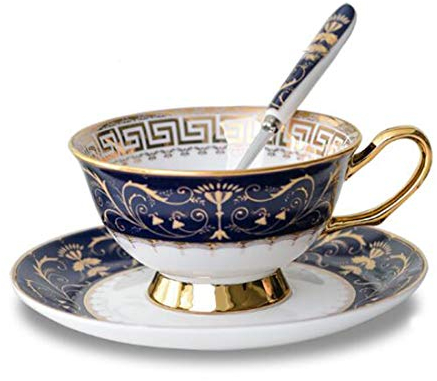 YBK Tech Euro Style Set de Tasses et Soucoupes en Porcelaine Osseuse, Tasse à thé et Café en Céramique pour la Maison, la Cuisine et le Mariage (Motif Royal - Bleu Foncé)