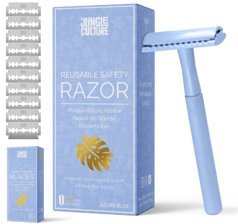 Jungle Culture® Rasierhobel Metall für Damen & Herren | Plastikfrei Eco Rasierer | Nassrasierer Umweltfreundlich & Nachhaltig | Zero Waste Safety Razor (Blau)