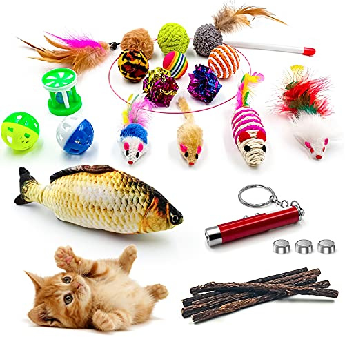 GaiusiKaisa Jouets Chat, 23 Pièces Lot de Jouets pour Chaton Intérieur, Jeu Interactif avec Plumes Baguette pour Chaton, Cataire Jouet Poisson, d'herbe à Chat Naturel Matatabi
