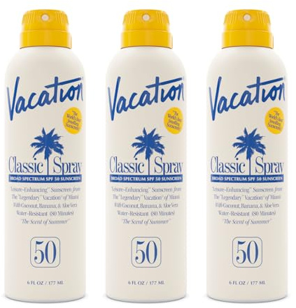 Vacation Classic Sunscreen Spray SPF 50, Water-Resistant, Lightweight, Transparent on All Skin Tones, Dermatologist-Tested, Vegan, 6 Fl. Oz. (Value Pack of 3)