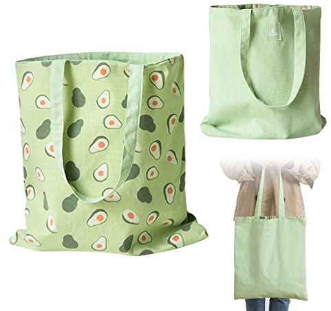 PLATEYTR Doppelseitige Leinentasche aus Baumwolle und Leinen,Stoff Tasche, Einkaufstasche, Baumwolle Schulter Reversible Leinwand Messenger Bag für Damen,Kinder(Avocado,40cm x 36cm)