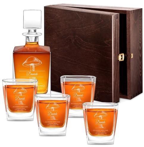 Maverton set Caraffa da whisky e cognac + 4/6 bicchieri - con incisione personalizzata - Decanter in vetro per whiskey da 0,81 L - Bottiglia per compleanno - pensiero per papà - fungo