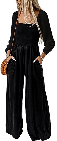Dokotoo Womens Overalls Black Jumpsuits for Women Casual Loose Fit Solid Color Wide Leg One Piece Long Sleeve Jumpsuit Long Pant Rompers with Pockets Medium