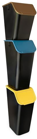 Go Practic Ensemble de 2x 35l / 1x 25l Poubelles de Cuisine avec Couvercle Coloré, Plastique Corbeilles tri Selectif, Bacs de Recyclage Empilable, Conteneur à Déchets, Fonction de Clic, Système de tri